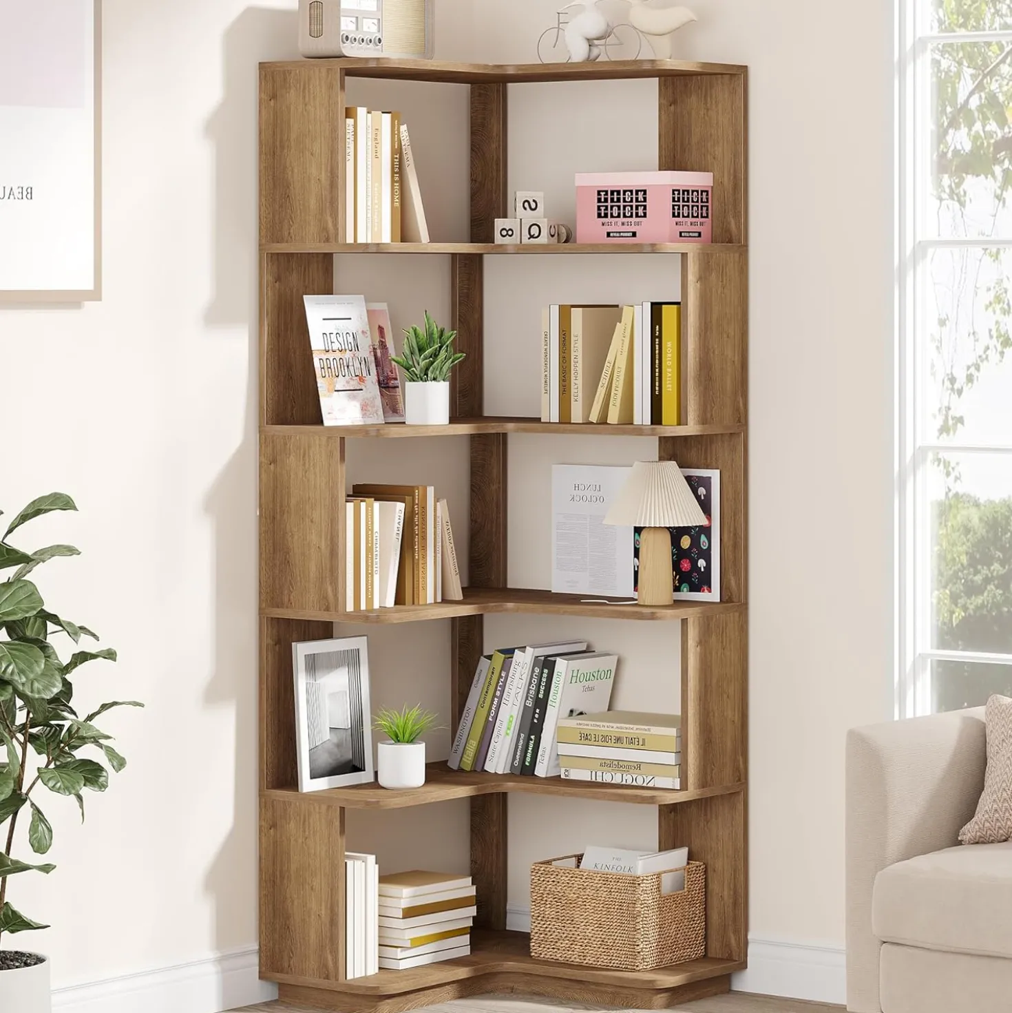 65" Tall L-Shaped Bookshelf, 6-Tier Corner Bookcase Display Rack with Anti-Drop Panel