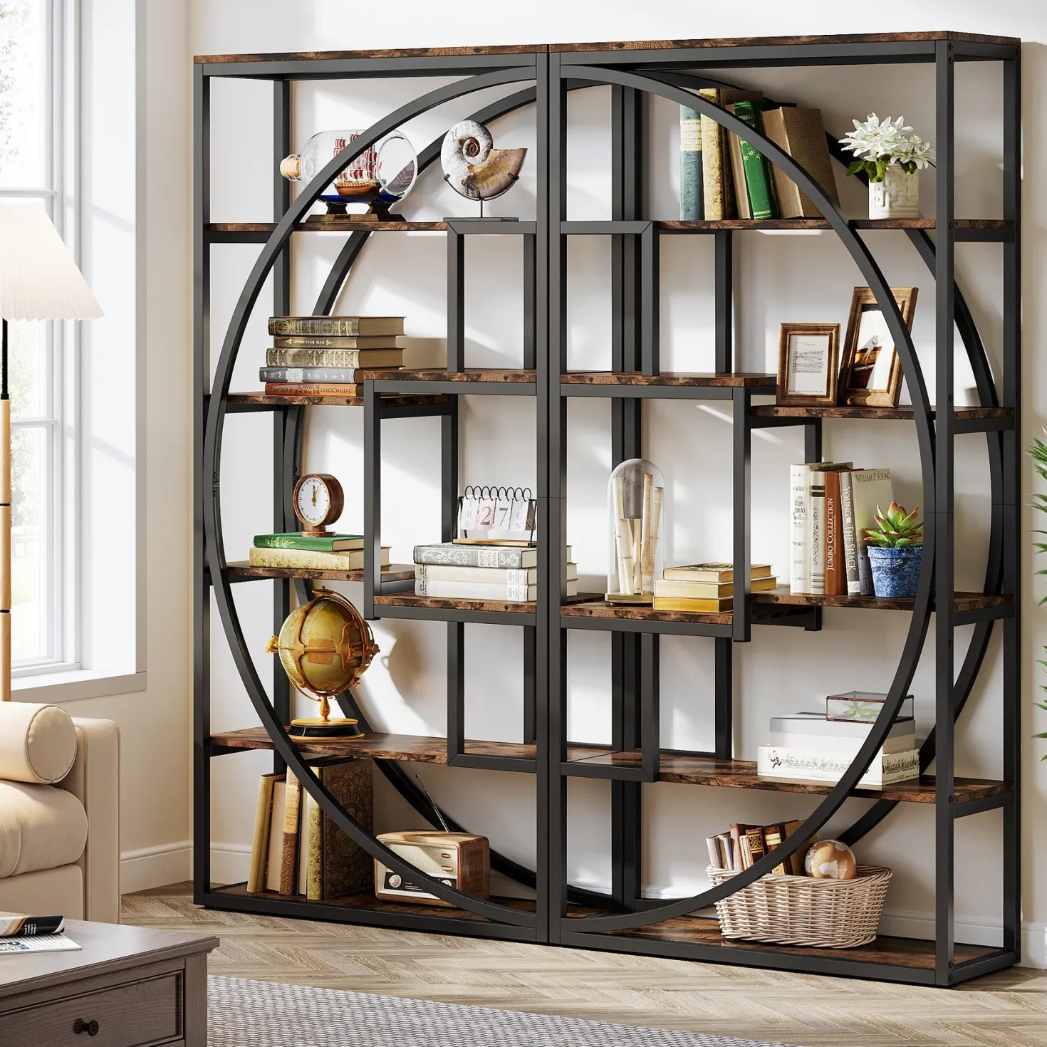 70.8” Tall Modern Geometric Bookcase, 5-Tier Etagere with 8 Open Shelves