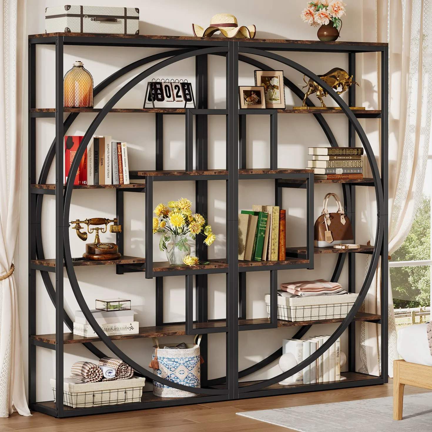 70.8” Tall Modern Geometric Bookcase, 5-Tier Etagere with 8 Open Shelves