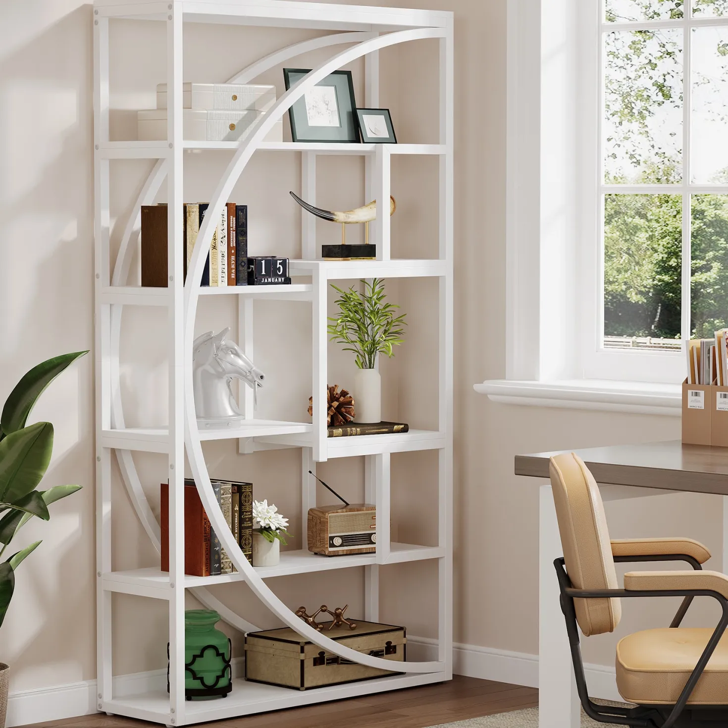70.8” Tall Modern Geometric Bookcase, 5-Tier Etagere with 8 Open Shelves
