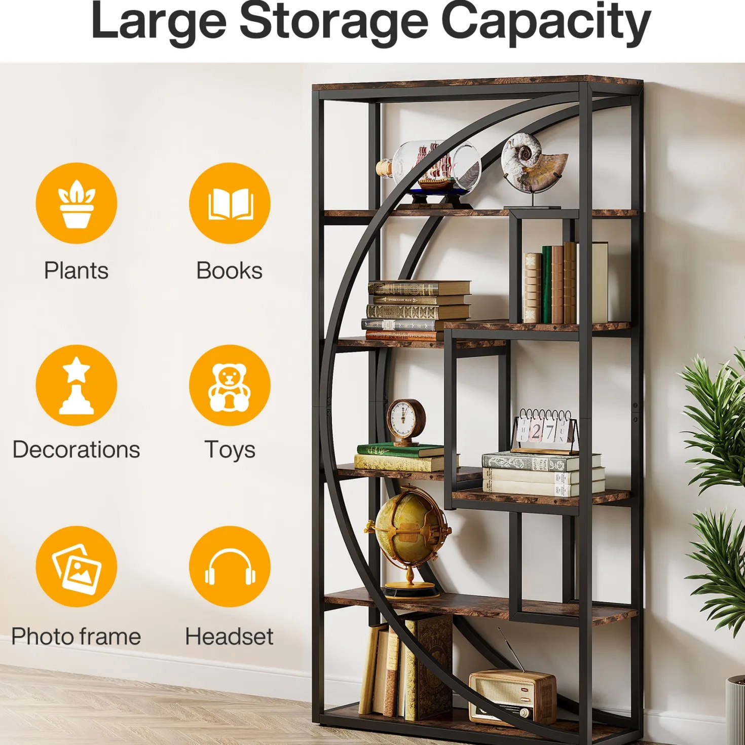 70.8” Tall Modern Geometric Bookcase, 5-Tier Etagere with 8 Open Shelves