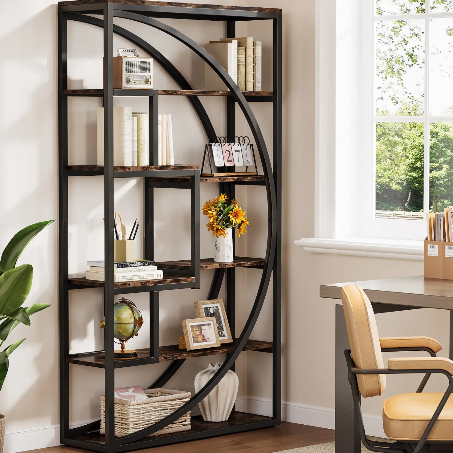70.8” Tall Modern Geometric Bookcase, 5-Tier Etagere with 8 Open Shelves