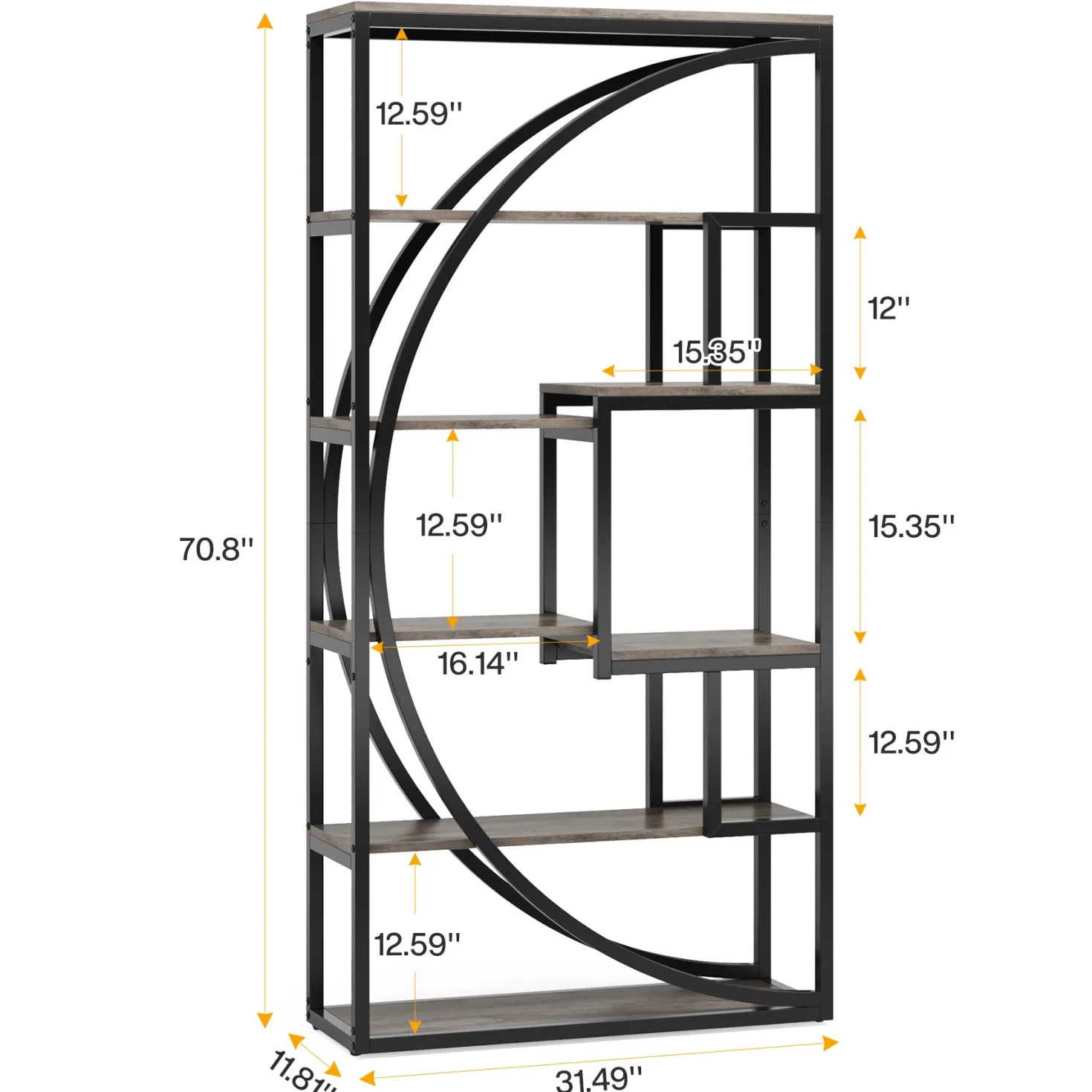 70.8” Tall Modern Geometric Bookcase, 5-Tier Etagere with 8 Open Shelves