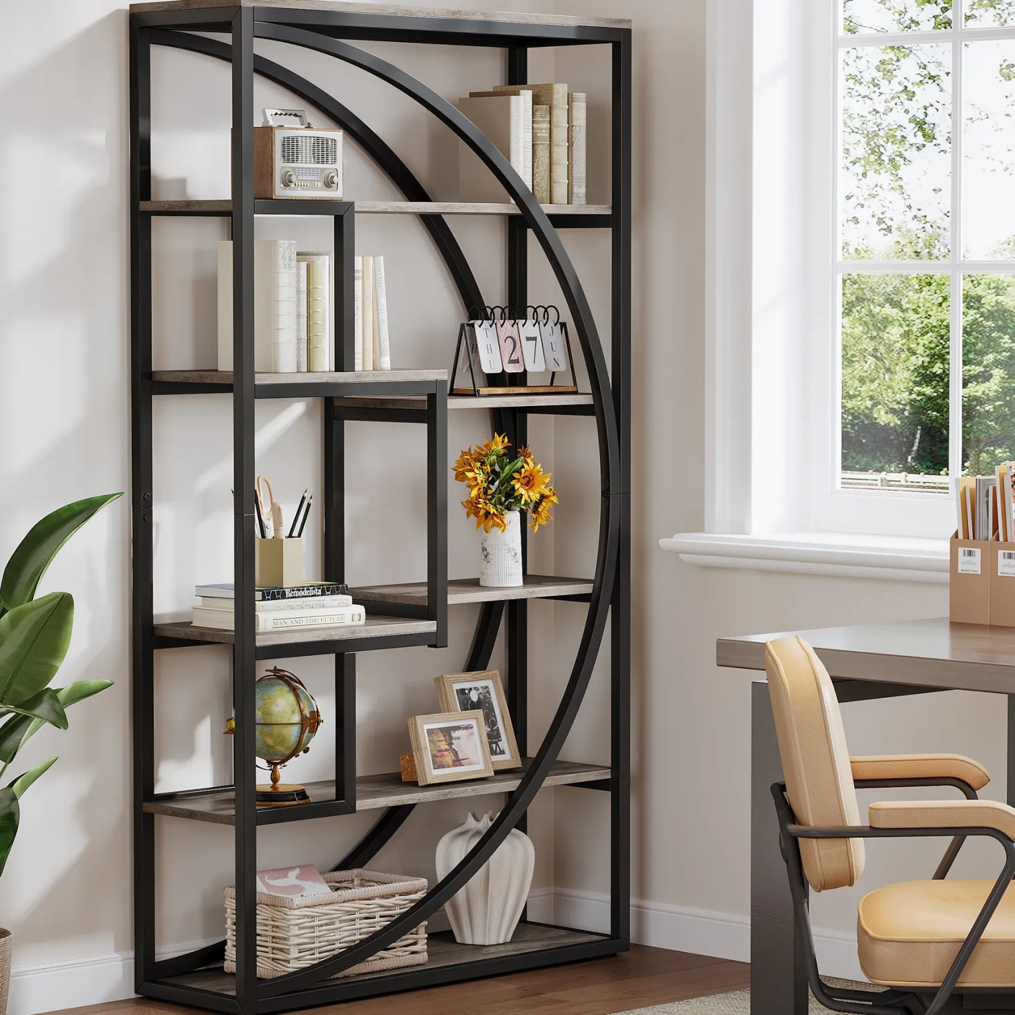 70.8” Tall Modern Geometric Bookcase, 5-Tier Etagere with 8 Open Shelves