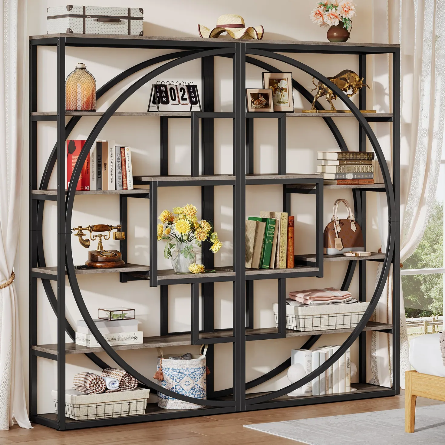 70.8” Tall Modern Geometric Bookcase, 5-Tier Etagere with 8 Open Shelves