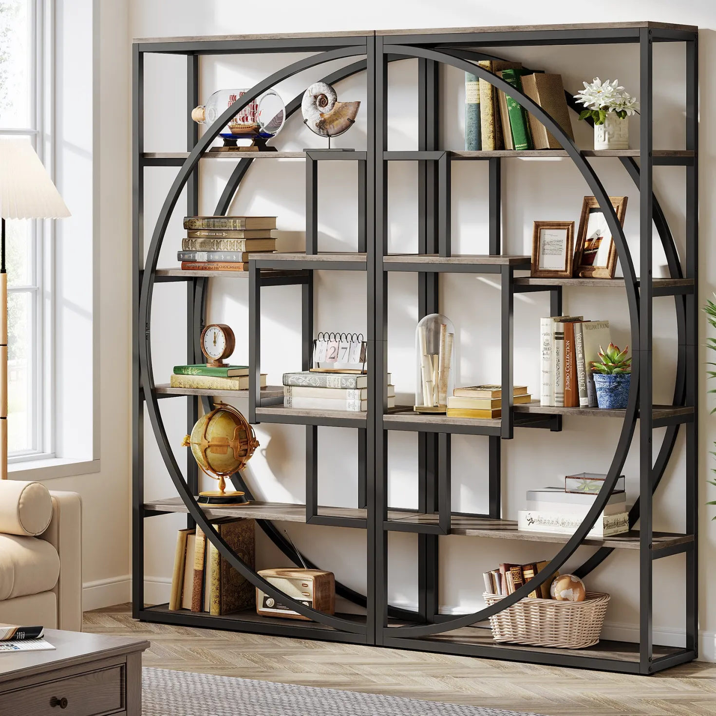 70.8” Tall Modern Geometric Bookcase, 5-Tier Etagere with 8 Open Shelves