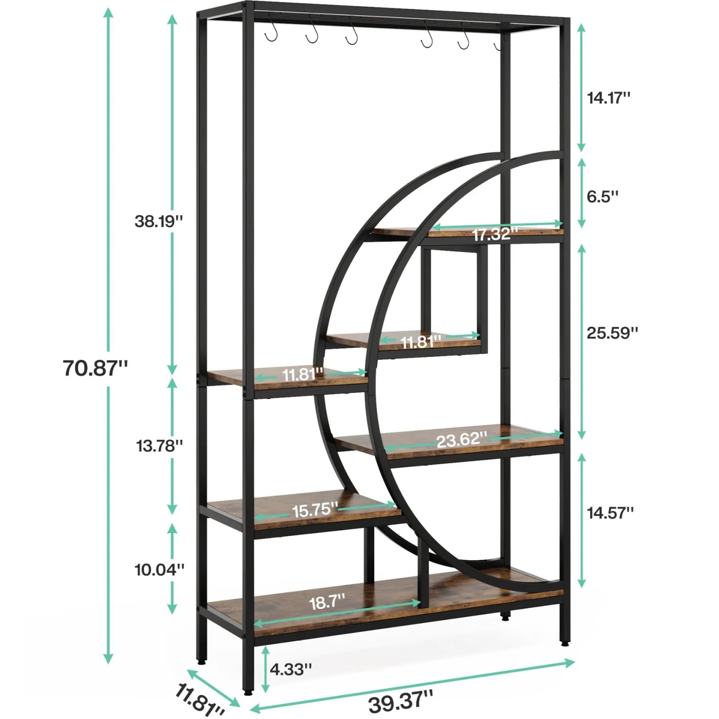 70.9" Tall Plant Stand, 7 Tier Flower Pots Display Rack with 6 Hooks