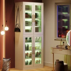 66.9" Tall Shoe Storage Cabinet, 8-Tier Entryway Shoe Organizer Rack with Acrylic Doors and LED Lights