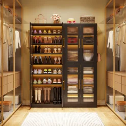 66.9" Tall Shoe Storage Cabinet, 8-Tier Entryway Shoe Organizer Rack with Acrylic Doors and LED Lights