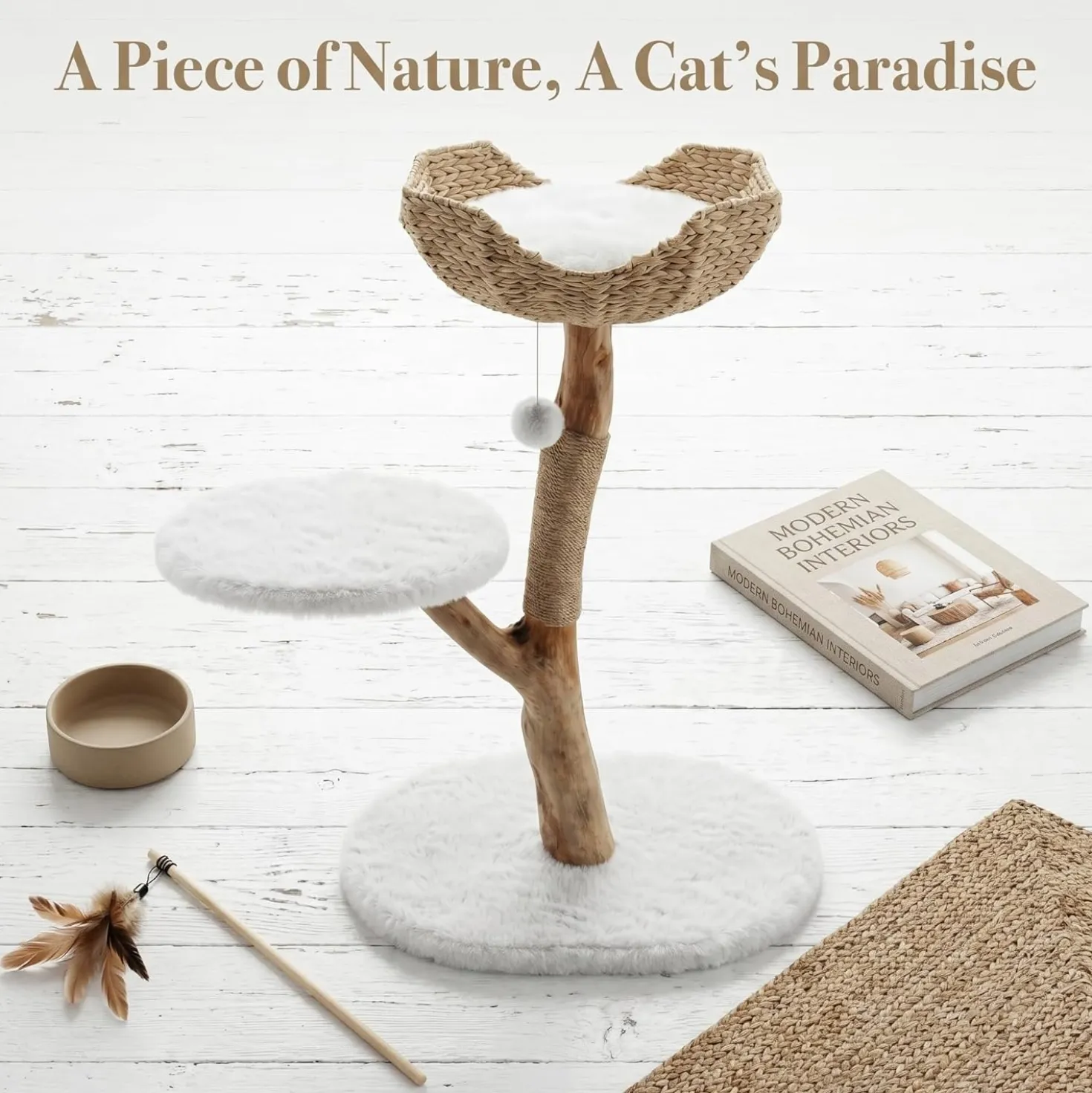 35" Tall Solid Wood Cat Tree, Boho Cat Tower with Cat Ear Wicker Basket Bed with Real Branch Design