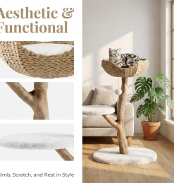 35" Tall Solid Wood Cat Tree, Boho Cat Tower with Cat Ear Wicker Basket Bed with Real Branch Design