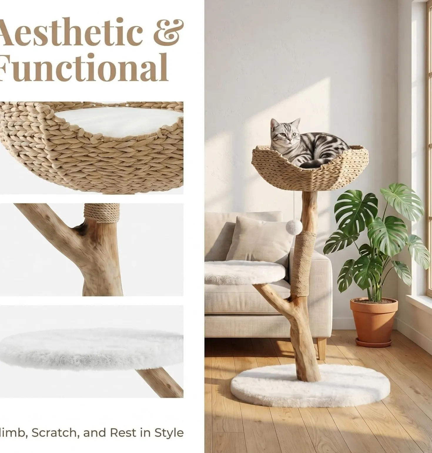 35" Tall Solid Wood Cat Tree, Boho Cat Tower with Cat Ear Wicker Basket Bed with Real Branch Design