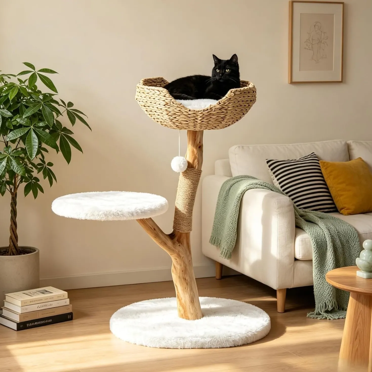 35" Tall Solid Wood Cat Tree, Boho Cat Tower with Cat Ear Wicker Basket Bed with Real Branch Design
