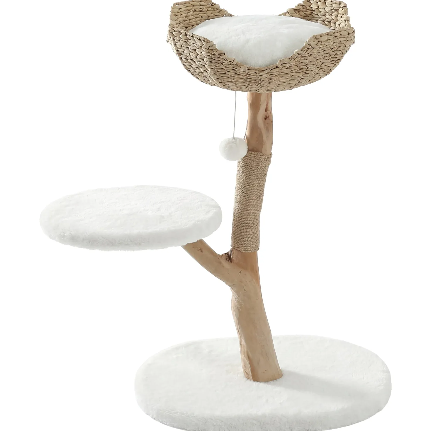 35" Tall Solid Wood Cat Tree, Boho Cat Tower with Cat Ear Wicker Basket Bed with Real Branch Design
