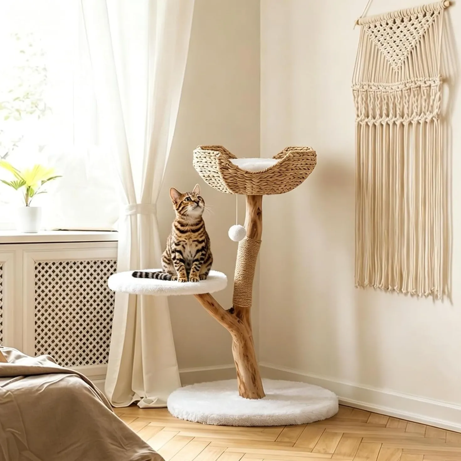 35" Tall Solid Wood Cat Tree, Boho Cat Tower with Cat Ear Wicker Basket Bed with Real Branch Design