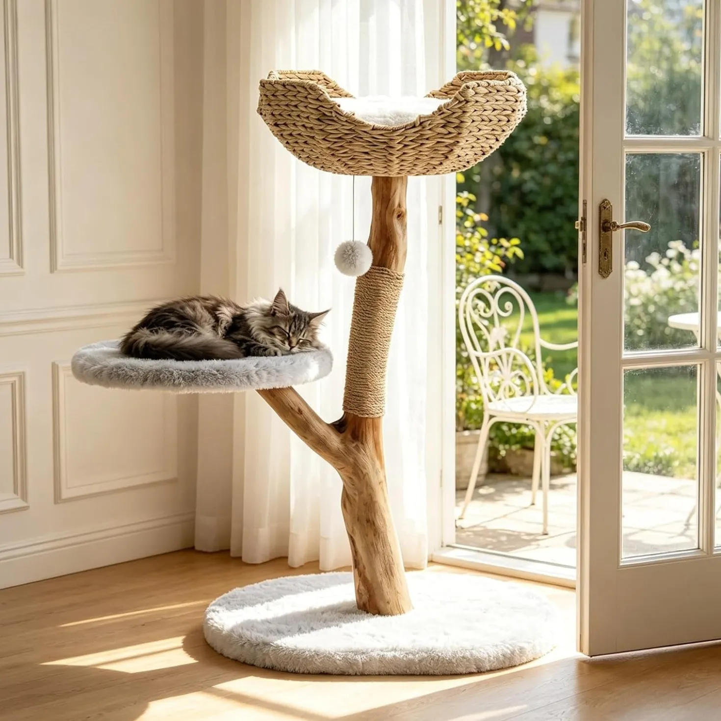 35" Tall Solid Wood Cat Tree, Boho Cat Tower with Cat Ear Wicker Basket Bed with Real Branch Design
