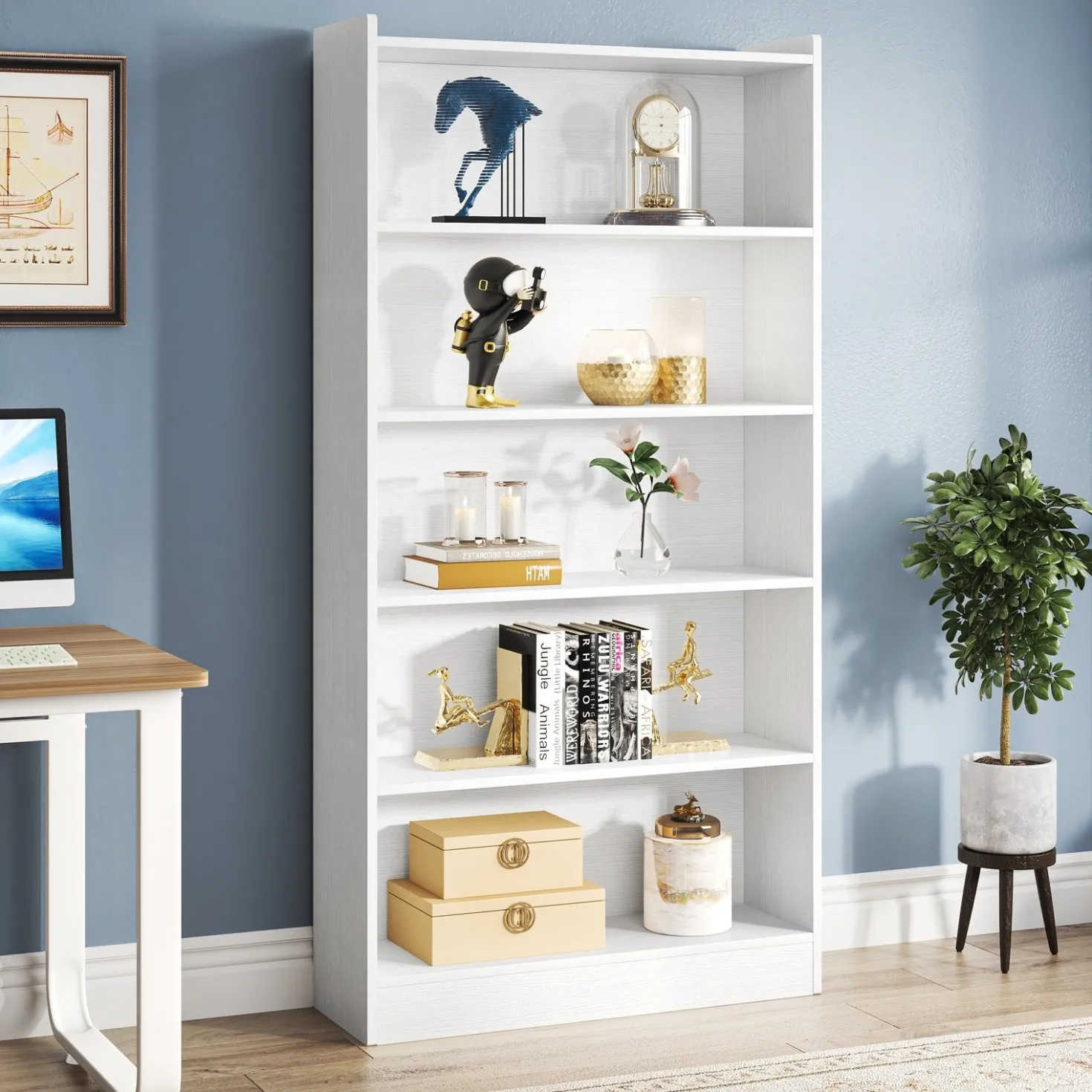 72" Tall Wood Bookcase, 5-Tier Bookshelf Open Shelves