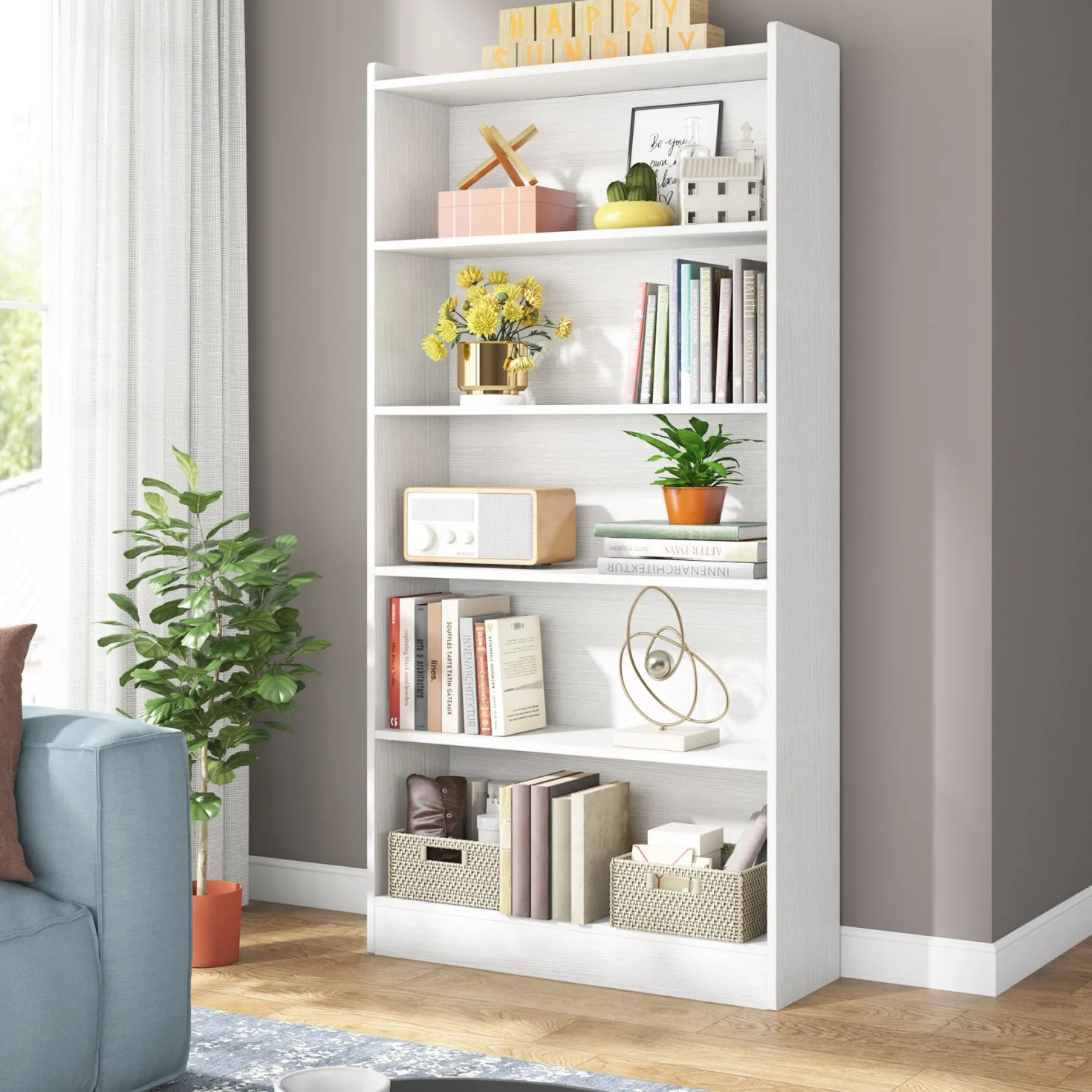 72" Tall Wood Bookcase, 5-Tier Bookshelf Open Shelves