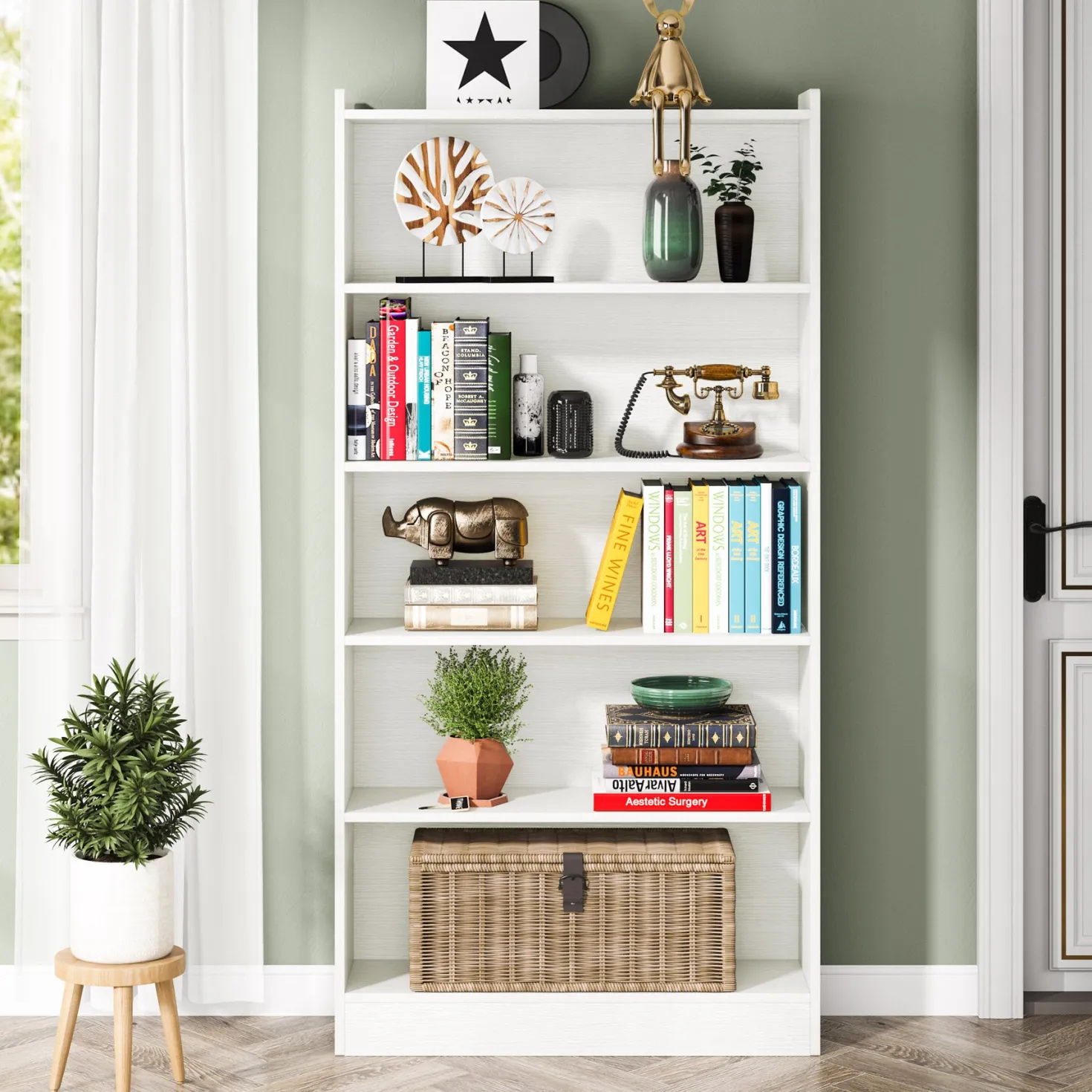 72" Tall Wood Bookcase, 5-Tier Bookshelf Open Shelves