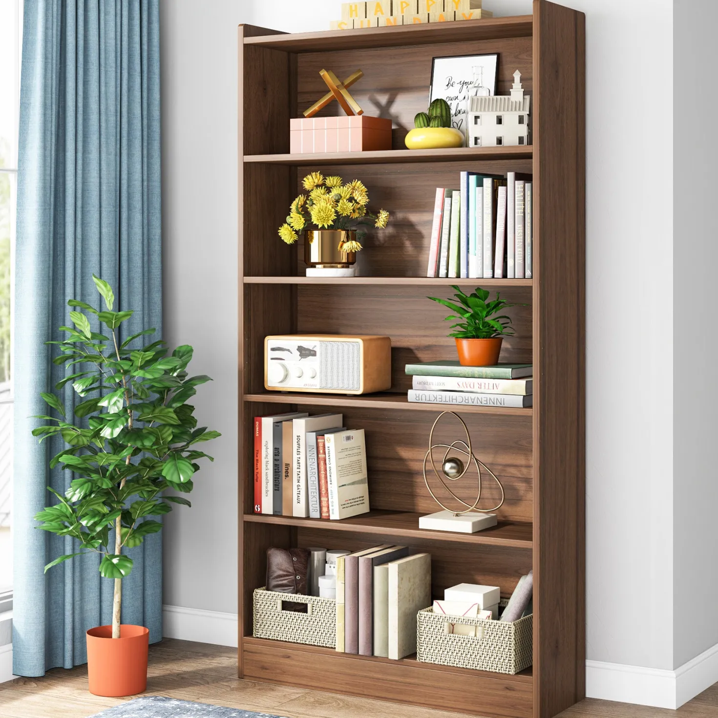 72" Tall Wood Bookcase, 5-Tier Bookshelf Open Shelves