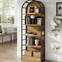 5 Tier Arched Bookcase, 70.8" Industrial Bookshelves for Living Room