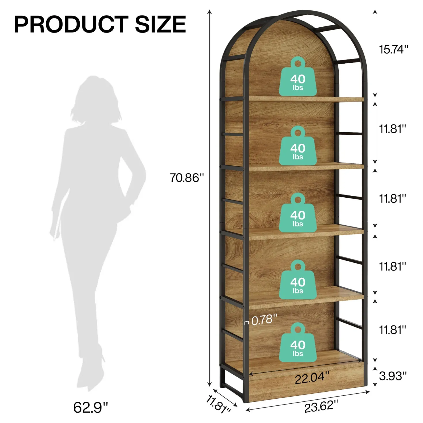 5 Tier Arched Bookcase, 70.8" Industrial Bookshelves for Living Room