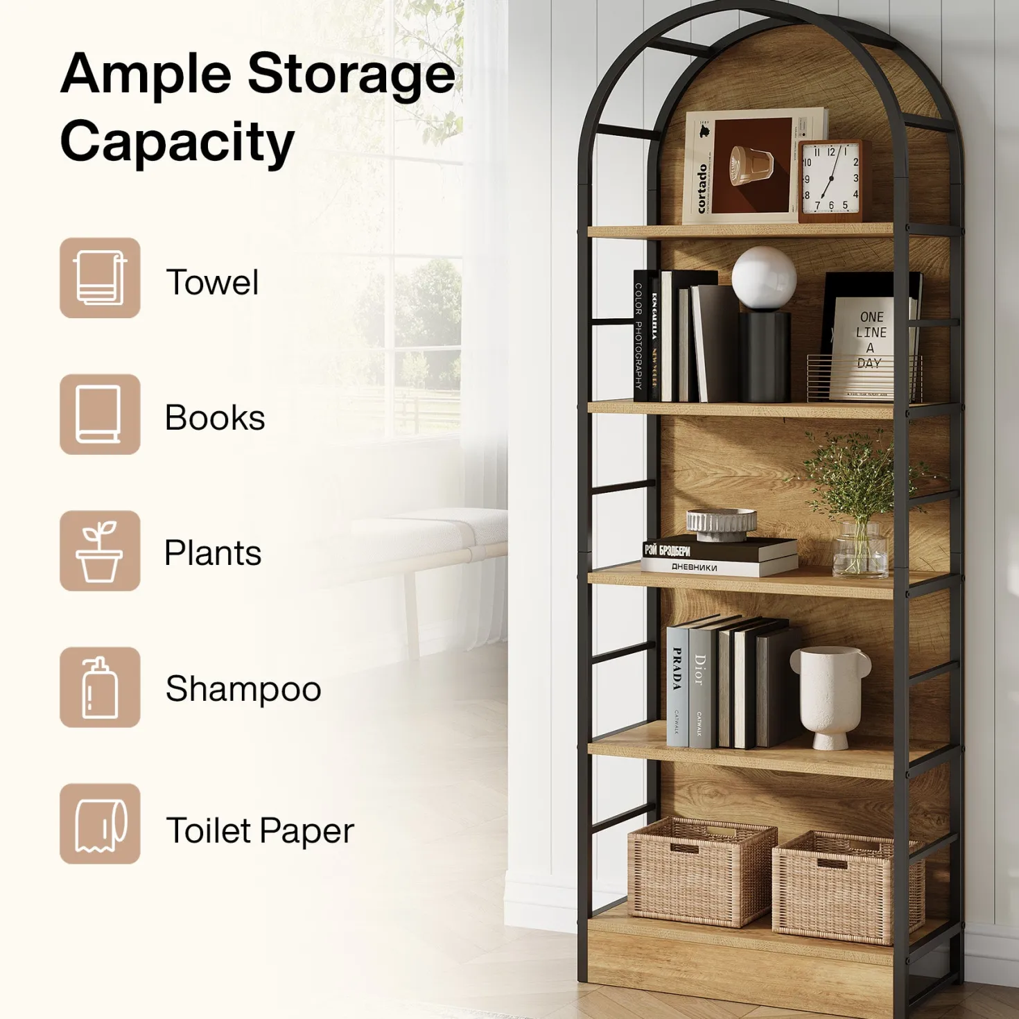 5 Tier Arched Bookcase, 70.8" Industrial Bookshelves for Living Room