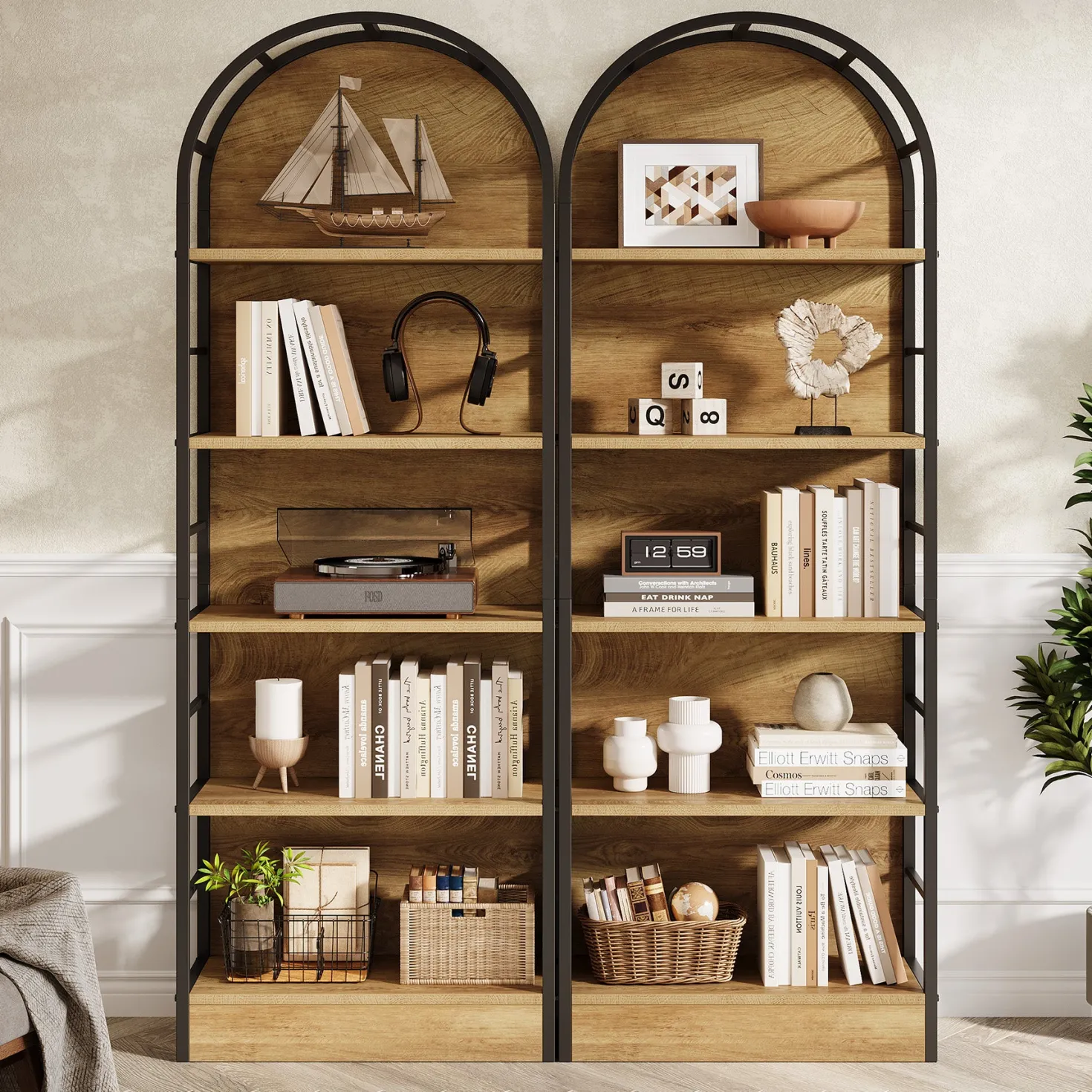 5 Tier Arched Bookcase, 70.8" Industrial Bookshelves for Living Room