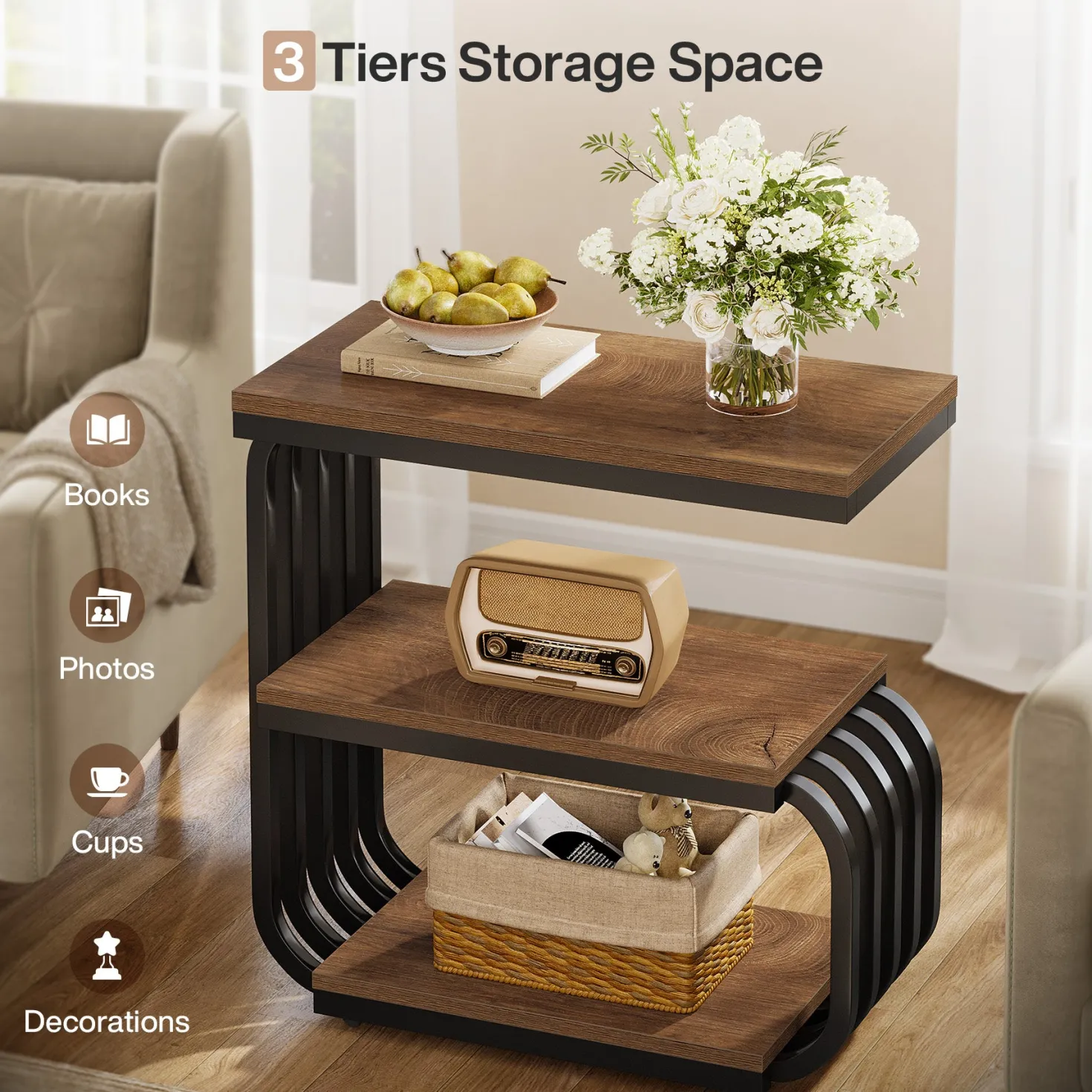 3 Tier End Table, Vintage Side or Bedside Stand for Living Room