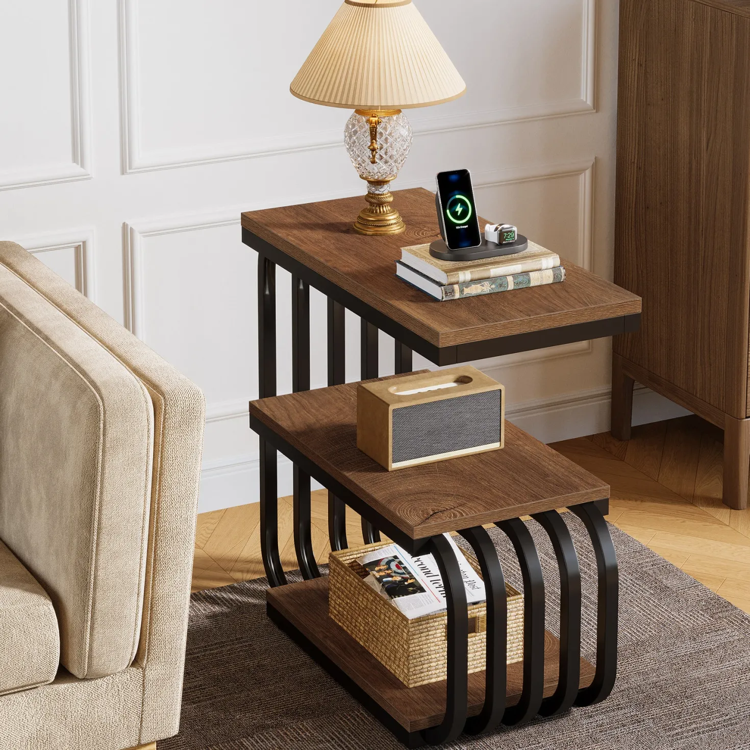 3 Tier End Table, Vintage Side or Bedside Stand for Living Room