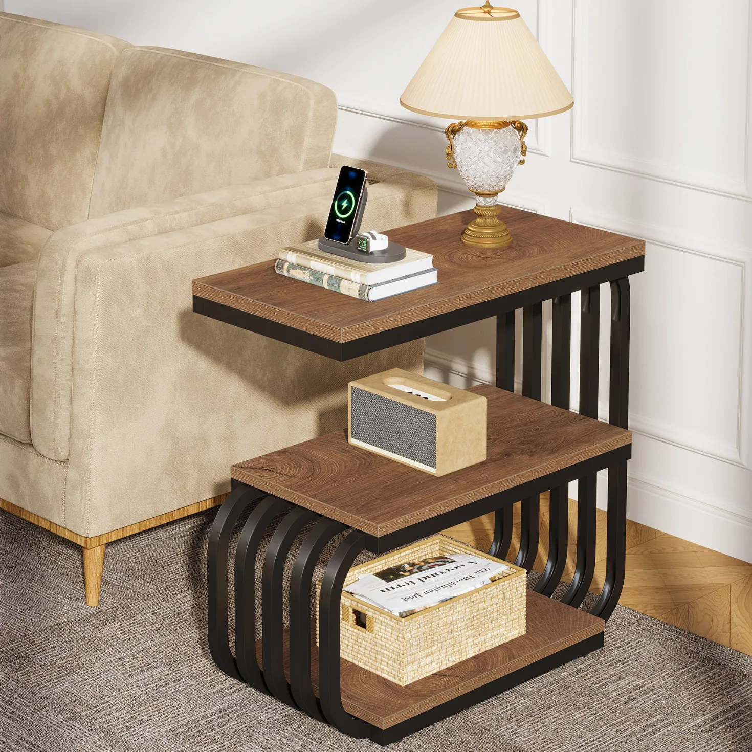3 Tier End Table, Vintage Side or Bedside Stand for Living Room