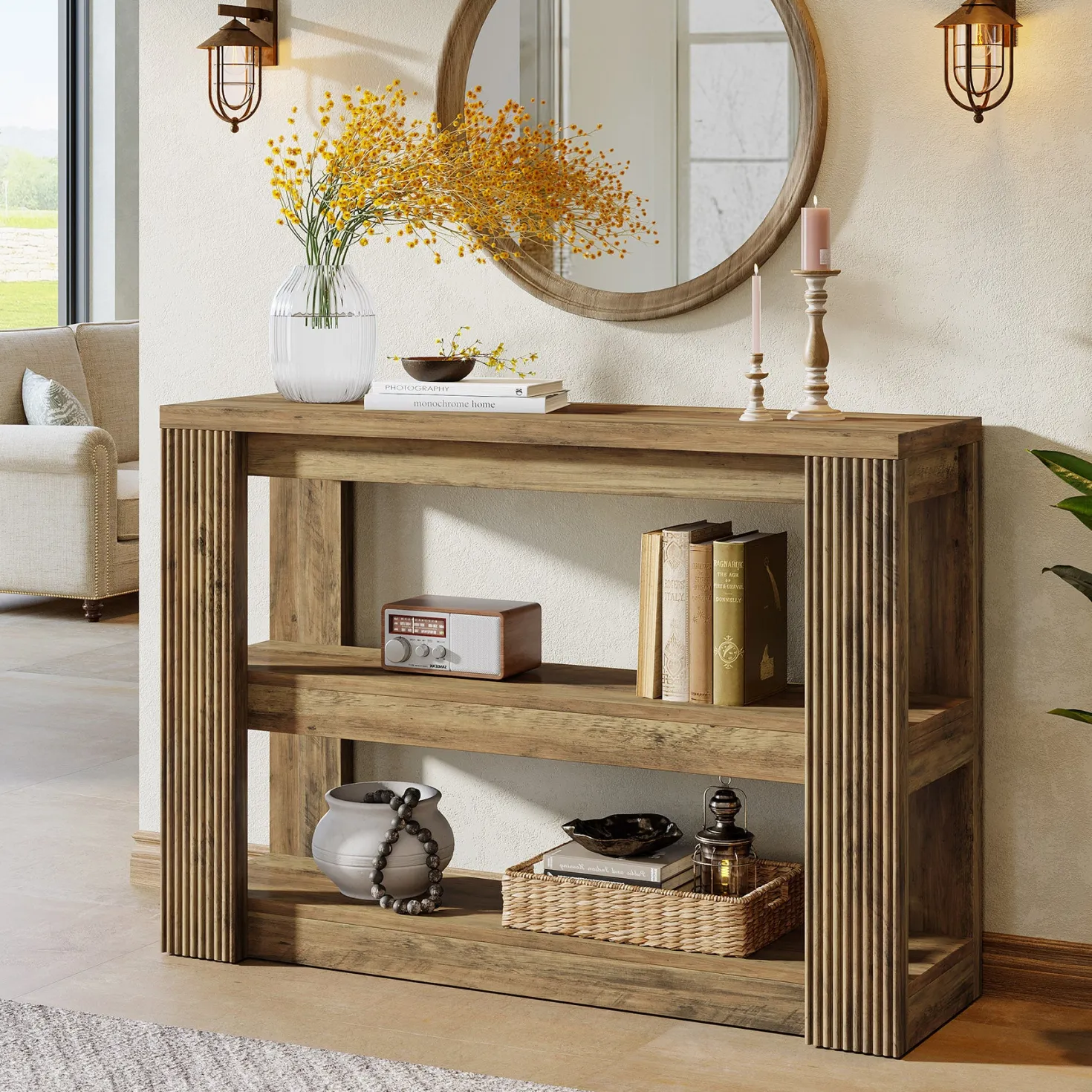 41.3" 3-Tier Farmhouse Console Table, Narrow Entryway Sofa Table with Storage Shelves for Hallway, Living Room, or Foyer