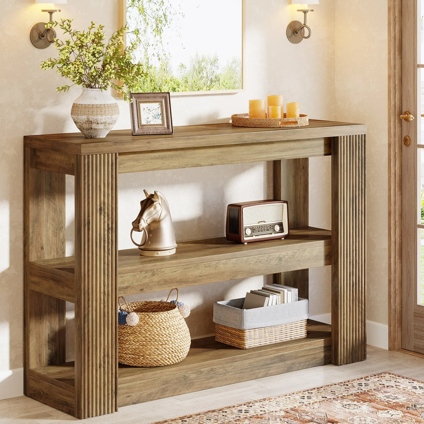 41.3" 3-Tier Farmhouse Console Table, Narrow Entryway Sofa Table with Storage Shelves for Hallway, Living Room, or Foyer