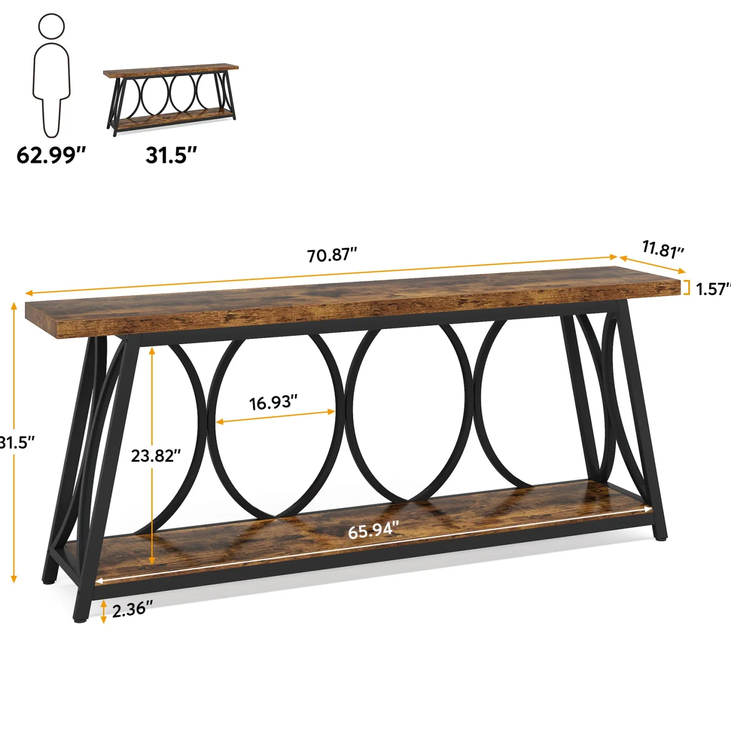 70.9" 2-Tier Industrial Console Table, Sofa Table with Shelves for Living Room or Entryway