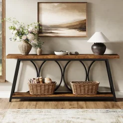 70.9" 2-Tier Industrial Console Table, Sofa Table with Shelves for Living Room or Entryway