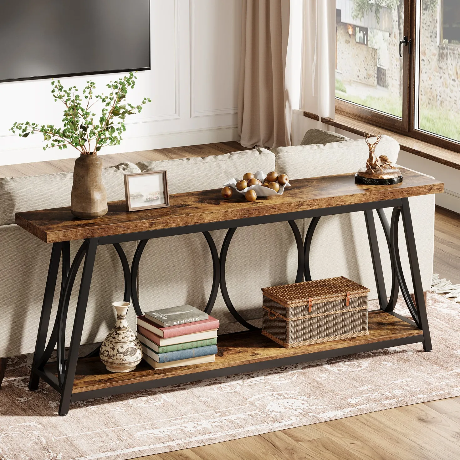 70.9" 2-Tier Industrial Console Table, Sofa Table with Shelves for Living Room or Entryway