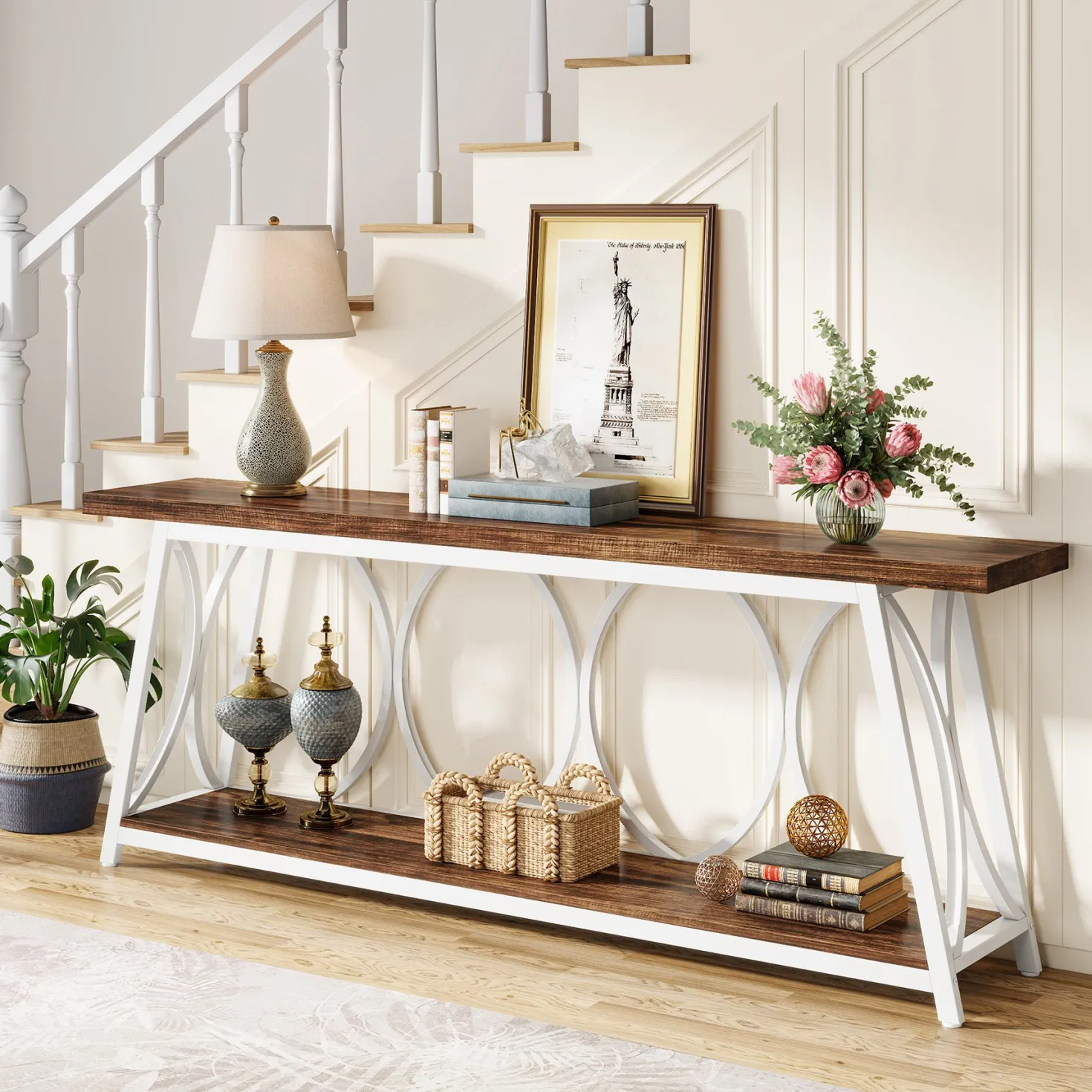 70.9" 2-Tier Industrial Console Table, Sofa Table with Shelves for Living Room or Entryway