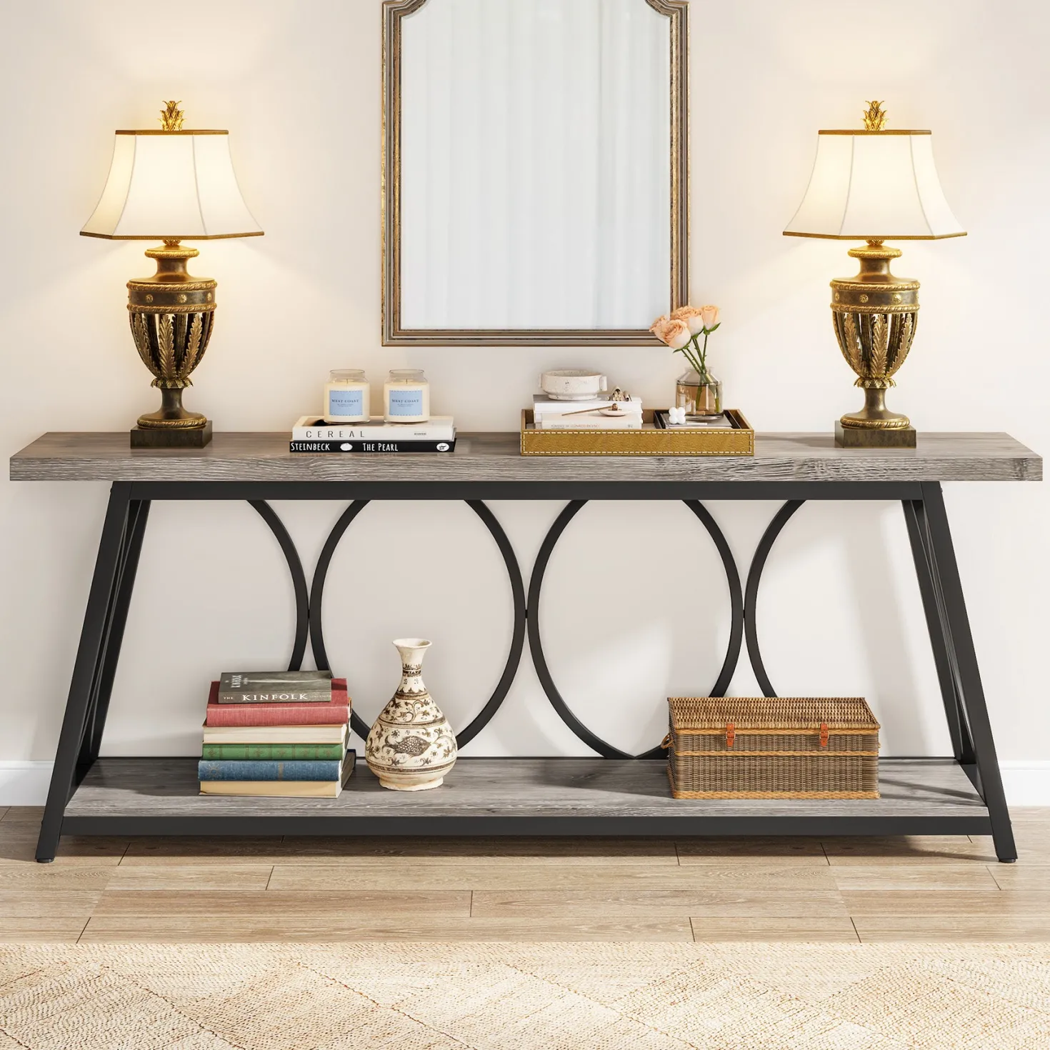 70.9" 2-Tier Industrial Console Table, Sofa Table with Shelves for Living Room or Entryway