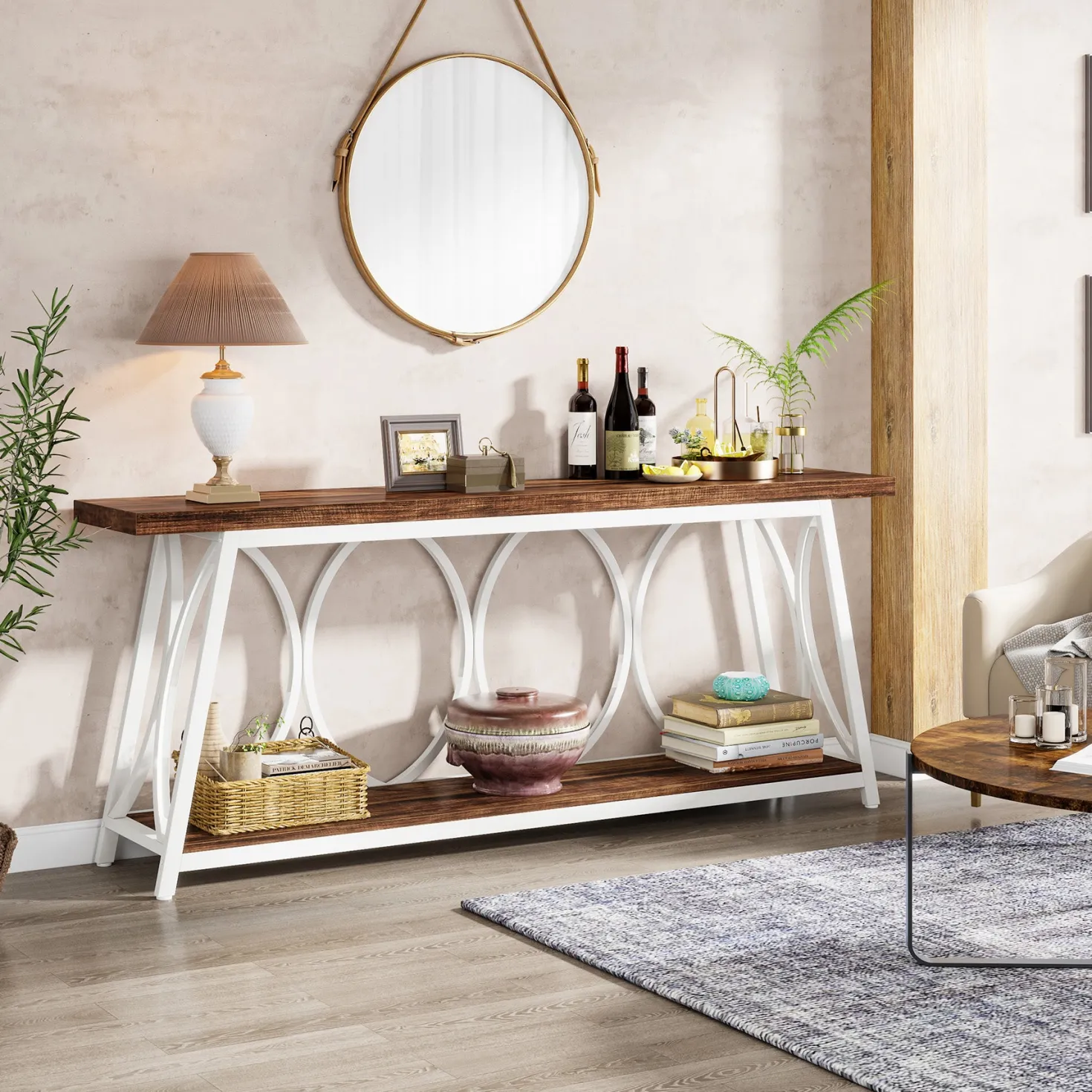 70.9" 2-Tier Industrial Console Table, Sofa Table with Shelves for Living Room or Entryway