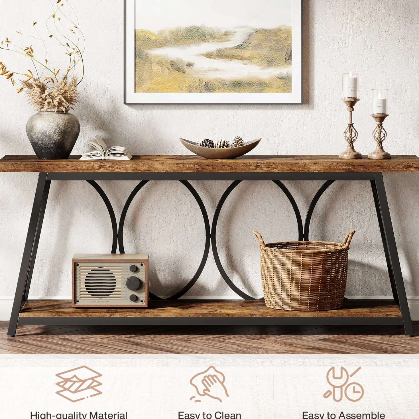 70.9" 2-Tier Industrial Console Table, Sofa Table with Shelves for Living Room or Entryway