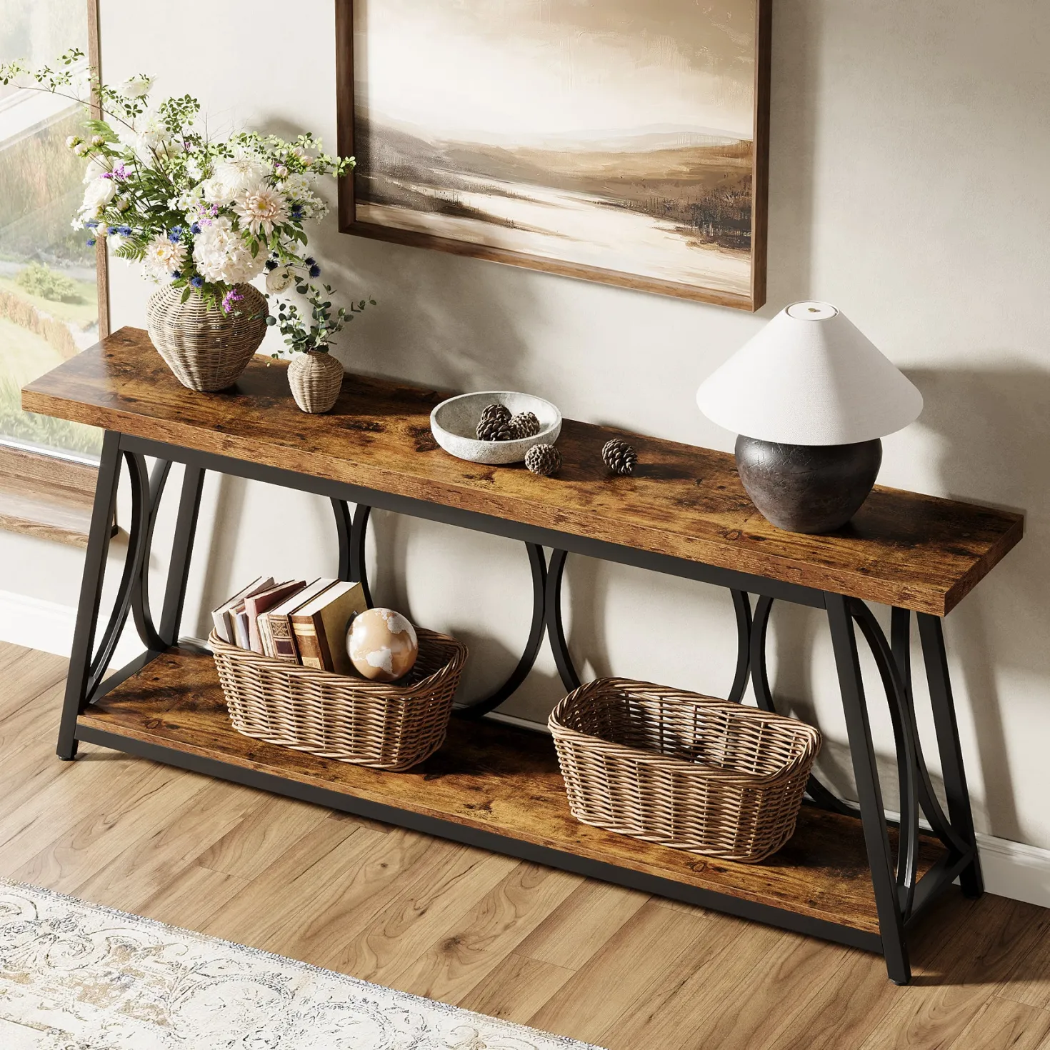 70.9" 2-Tier Industrial Console Table, Sofa Table with Shelves for Living Room or Entryway