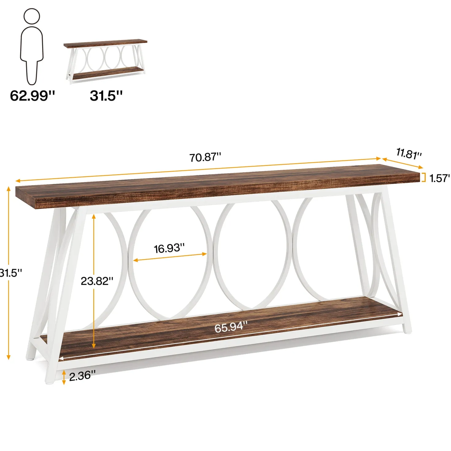 70.9" 2-Tier Industrial Console Table, Sofa Table with Shelves for Living Room or Entryway