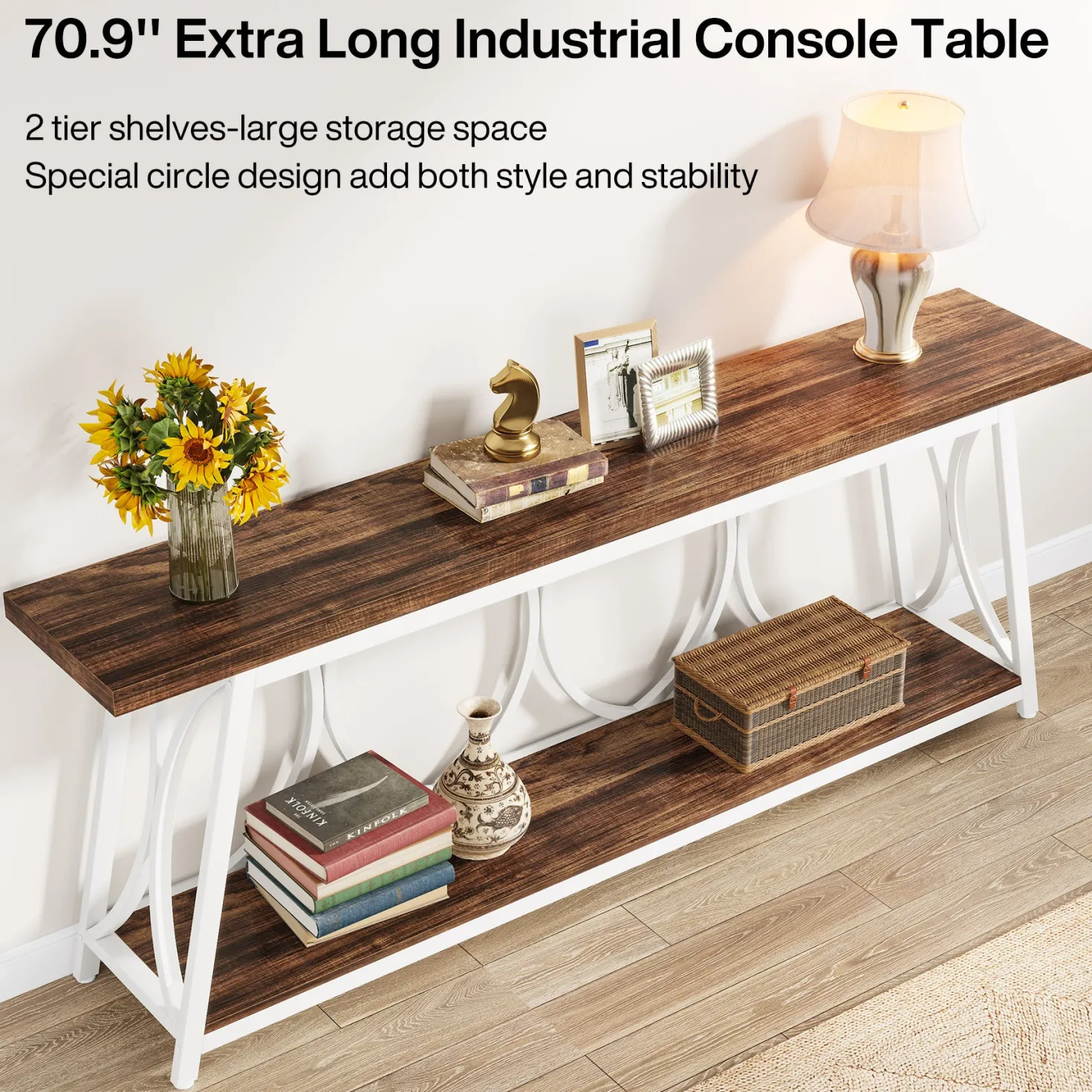 70.9" 2-Tier Industrial Console Table, Sofa Table with Shelves for Living Room or Entryway