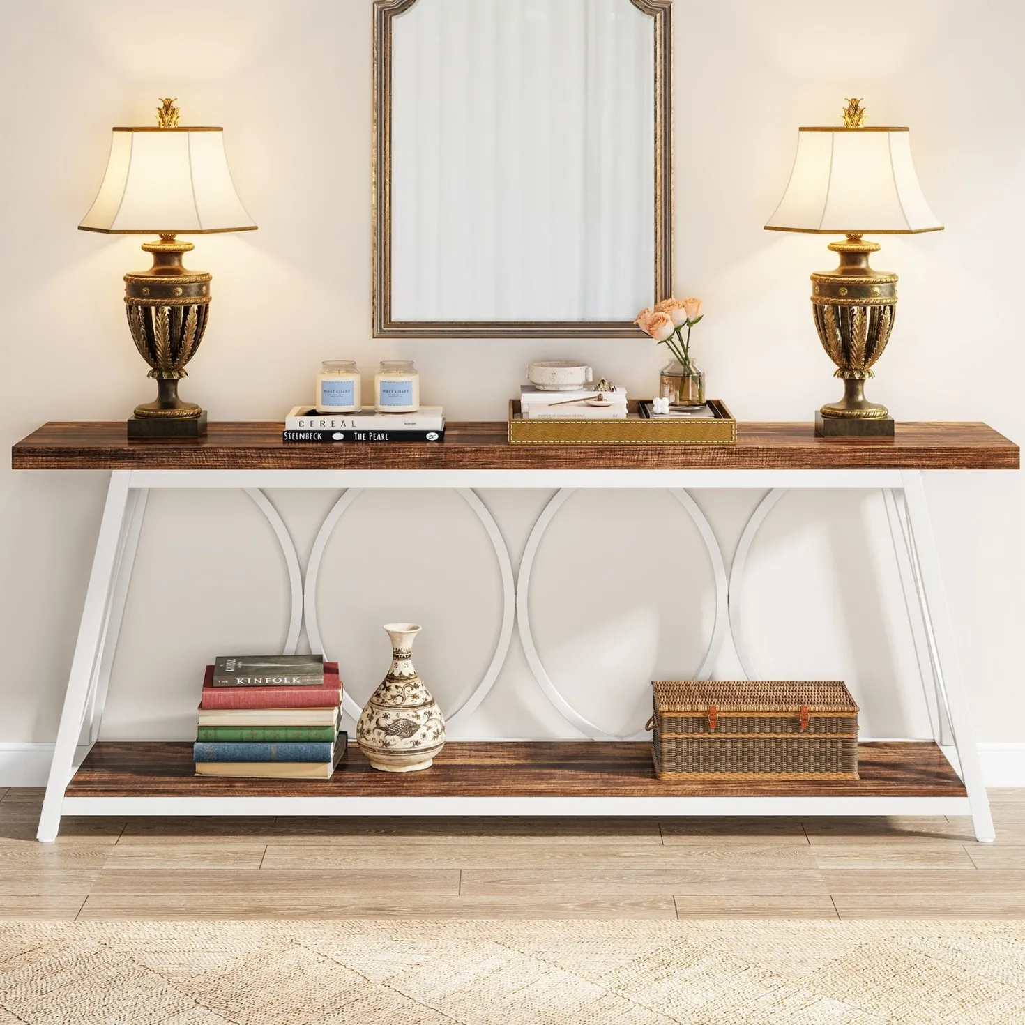 70.9" 2-Tier Industrial Console Table, Sofa Table with Shelves for Living Room or Entryway