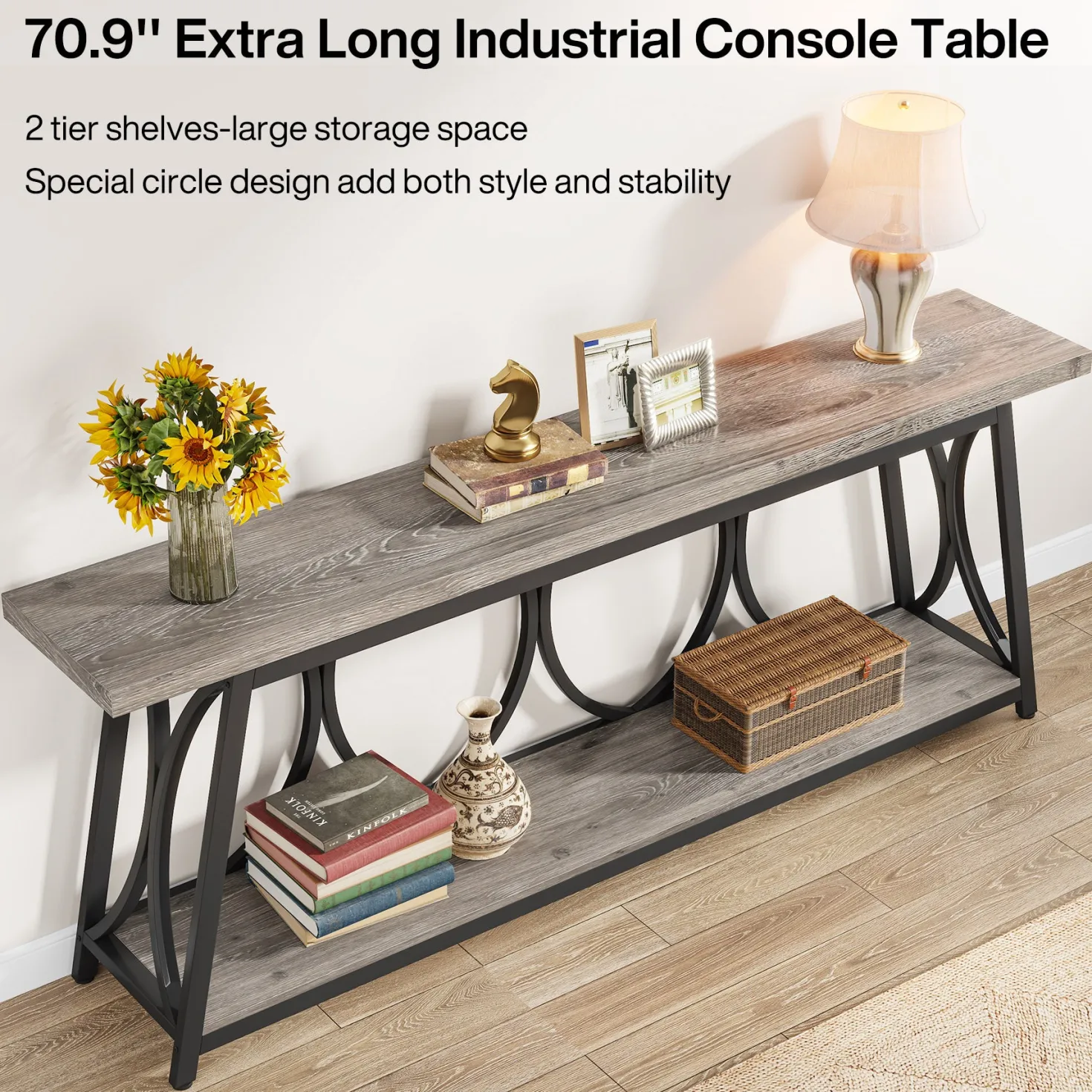 70.9" 2-Tier Industrial Console Table, Sofa Table with Shelves for Living Room or Entryway