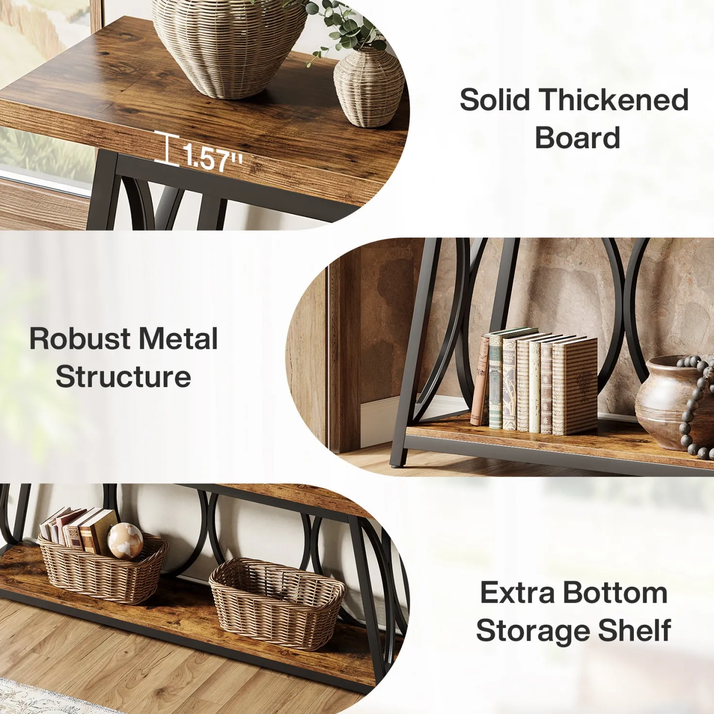 70.9" 2-Tier Industrial Console Table, Sofa Table with Shelves for Living Room or Entryway