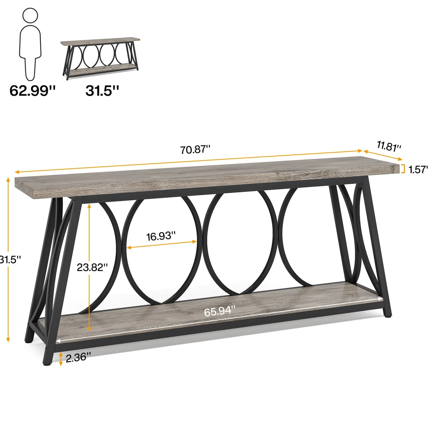 70.9" 2-Tier Industrial Console Table, Sofa Table with Shelves for Living Room or Entryway