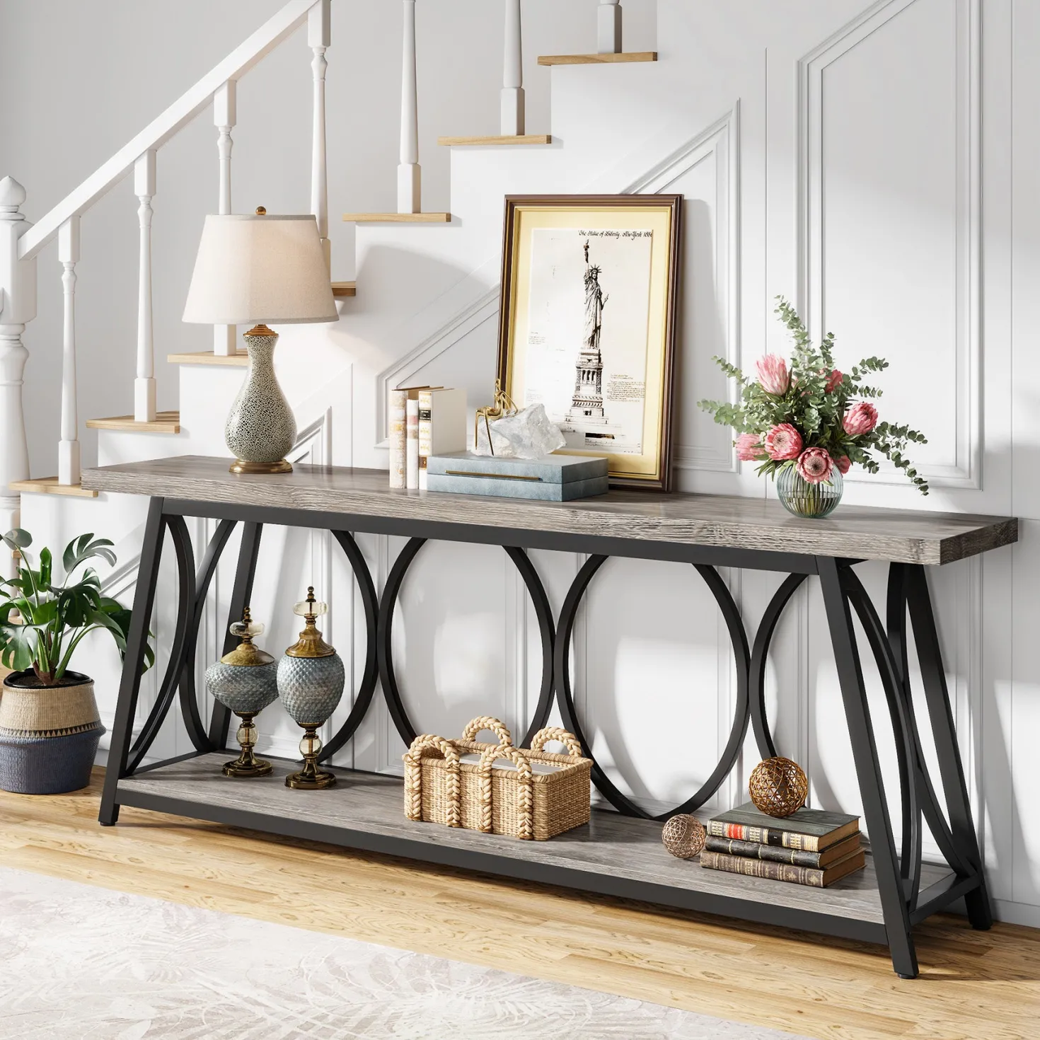 70.9" 2-Tier Industrial Console Table, Sofa Table with Shelves for Living Room or Entryway