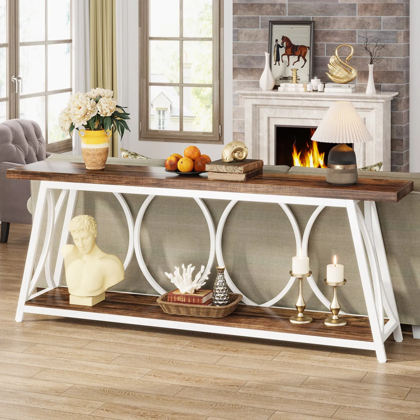 70.9" 2-Tier Industrial Console Table, Sofa Table with Shelves for Living Room or Entryway