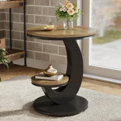 2 Tiers End Table, Sofa Side Bedside Table Nightstand with Arc-Shaped Frame